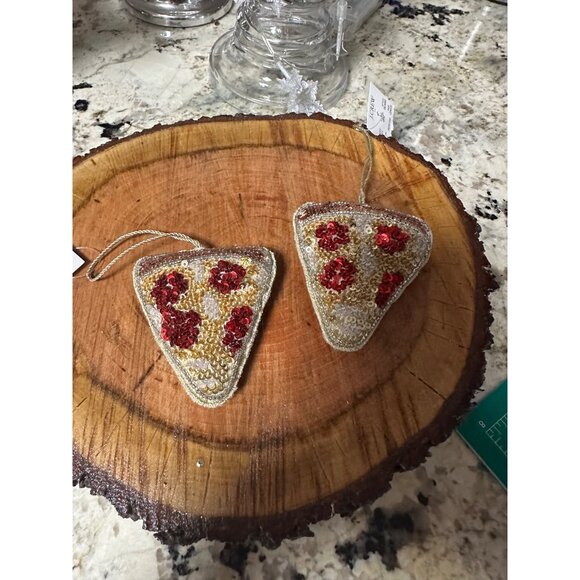 2 J.Crew Beaded Pizza Ornaments Sequins & Hanging Loop Embroidered logo Hoilday - Picture 11 of 12